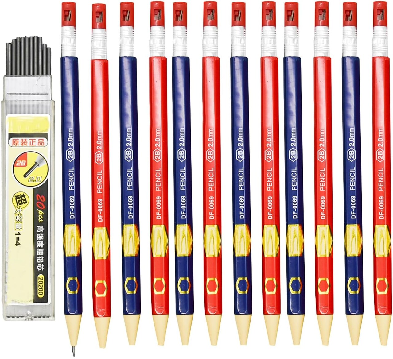 12PCS 2.0mm 2B Classic Red & Blue Mechanical Pencils – Automatic Hexagonal Drafting Pencils with 20 Refills & Sharpeners for Artists, Drawing, Sketching, School & Office